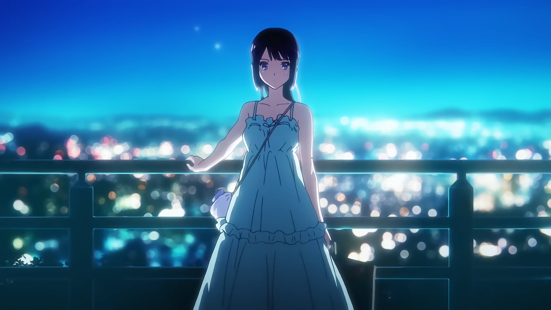 Black-haired female anime character wearing blue dress, Hibike