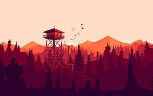 post house surrounded with trees painting, illustration, Firewatch, video games