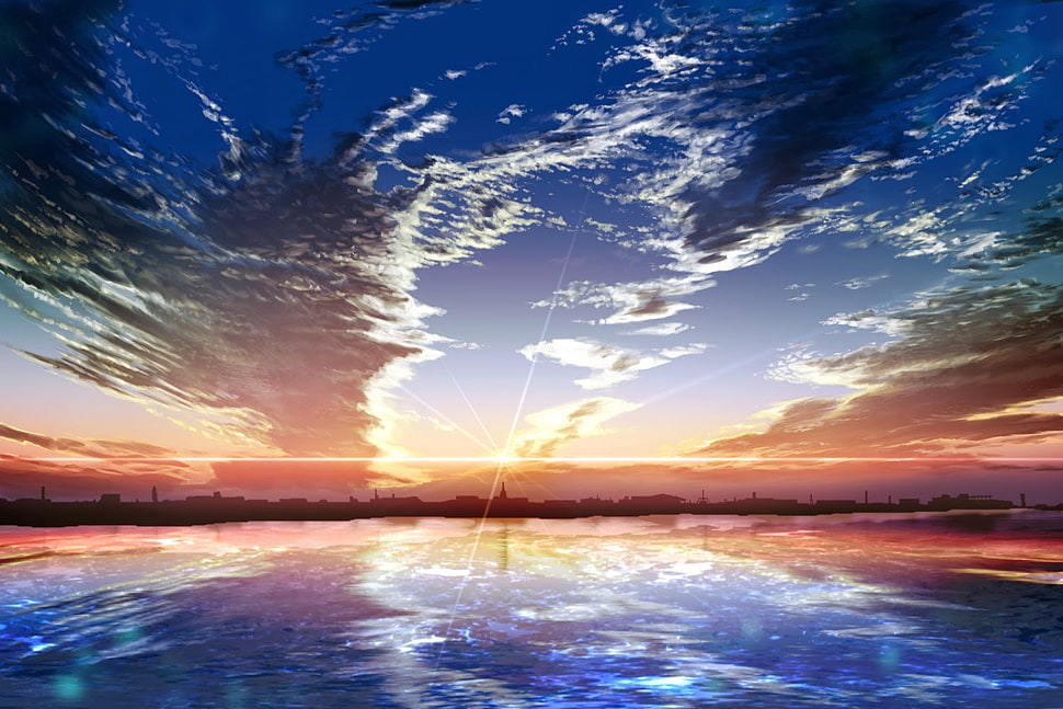 blue and brown abstract painting, fantasy art, anime, sky, water HD wallpaper