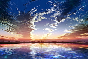 blue and brown abstract painting, fantasy art, anime, sky, water