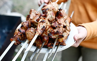 person showing barbecue on sticks onceramic plate