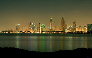 in distant photo of cityscape by water during nighttime