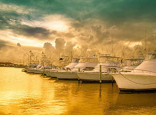 white yacht lot, yachts, sea, clouds, sunset