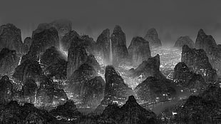 grayscale photography of mountain, monochrome, digital art, nature, mountains