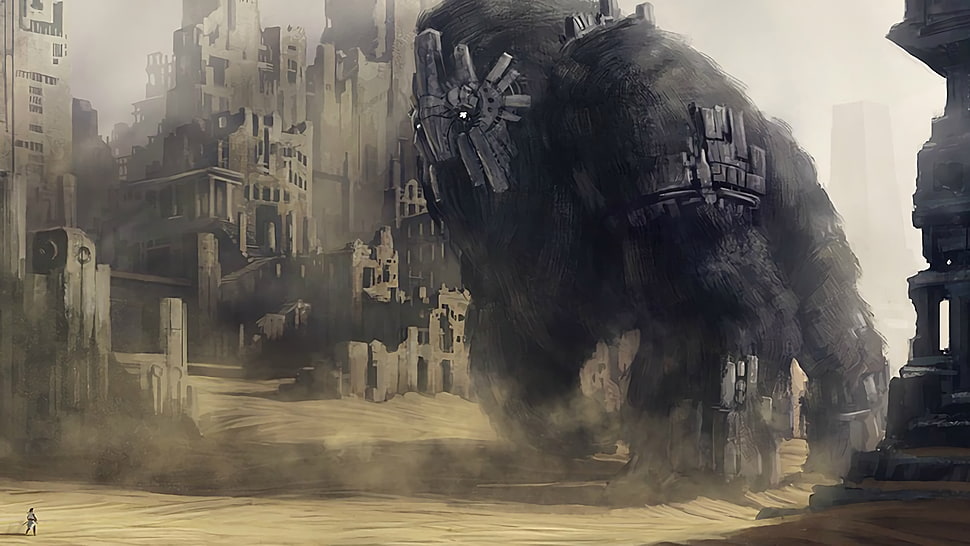 black and gray monster near building digital wallpaper, Shadow of the Colossus, artwork HD wallpaper