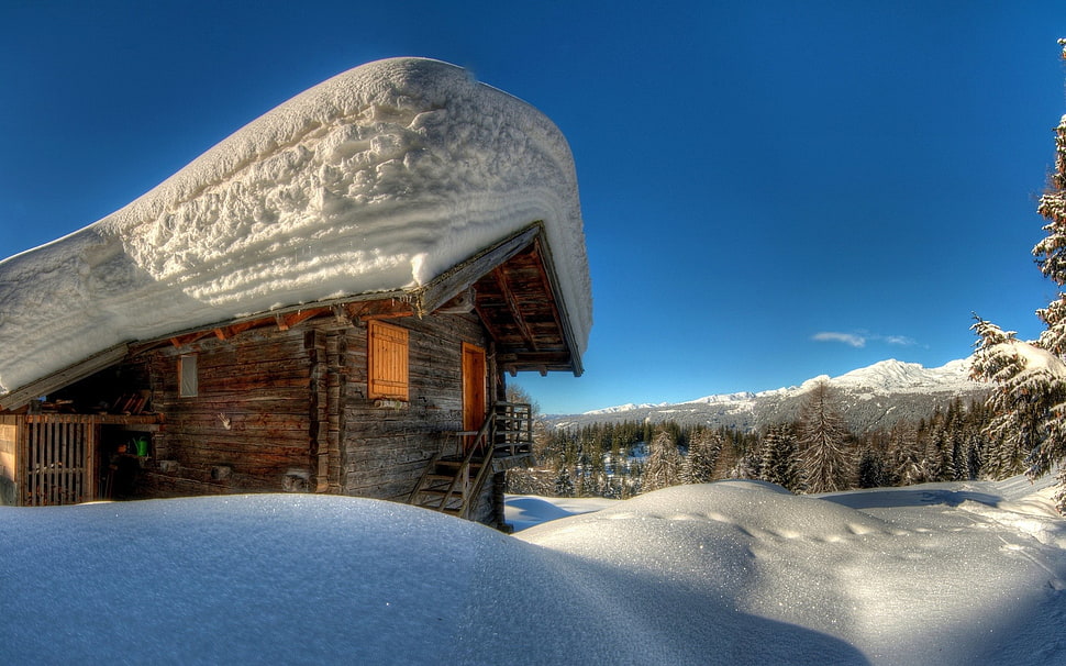 brown and white wooden house, nature, snow, winter, hut HD wallpaper
