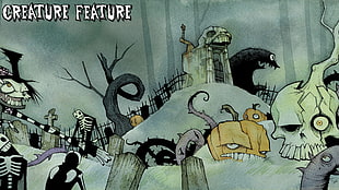 zombies illustration with text overlay, music, Halloween, skeleton, Creature Feature