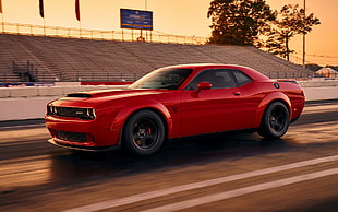 red Dodge Challenger SRT coupe, Dodge, Dodge Challenger, car, motion blur HD wallpaper