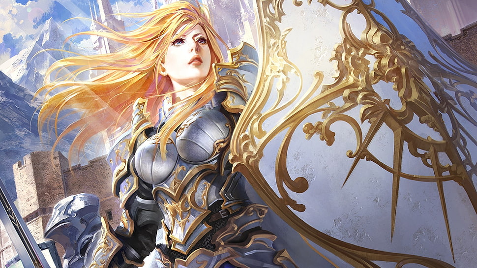 blonde-haired female knight wallpaper, fantasy art HD wallpaper