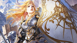 blonde-haired female knight wallpaper, fantasy art