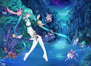 girl in white and green dress sitting in front of waterfalls anime character illustration