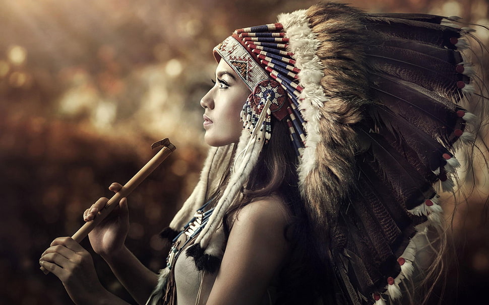 woman wearing native american costume holding brown wooden stick photo HD wallpaper