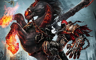 armored man holding sword riding horse wallpaper, War (Darksiders), video games, Darksiders