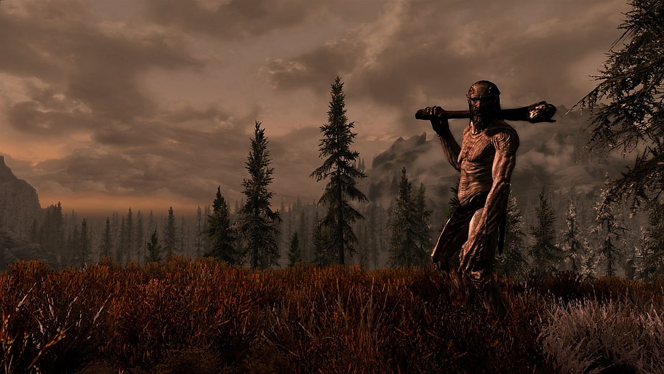 man holding weapon video game digital wallpaper, The Elder Scrolls V: Skyrim, giant HD wallpaper