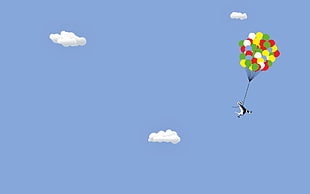 green, red, and yellow balloons, minimalism, blue background, clouds, T-Rex