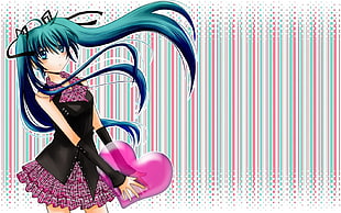 blue haired and blue eyes animated character holding heart balloon