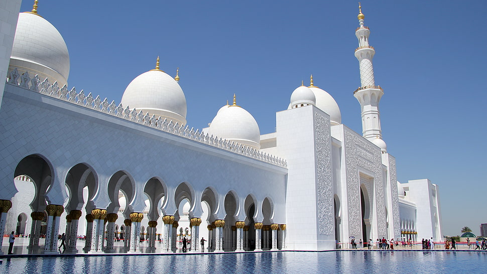 white mosque, Abu Dhabi, Islamic architecture, architecture, sunlight HD wallpaper