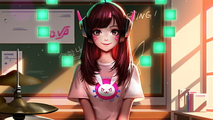 girl with pink bunny graphic crew-neck t-shirt anime character digital wallpaper