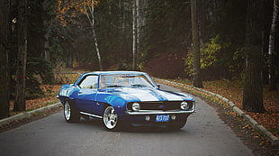 classic blue Ford Mustang muscle car on the road