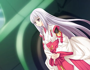female anime character with white long hair and wearing white-red dress