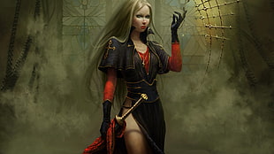 blonded hair girl anime wearing black and red dress illustration, women, blonde, long hair, warrior