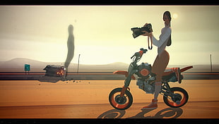 female holding camera riding motorcycle illustration