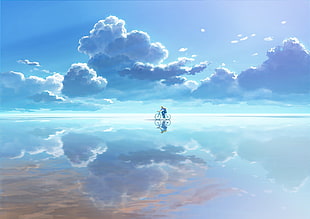 man riding bicycle on mirror surface of sky anime, bicycle, clouds, reflection