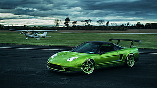 green supercar, Honda, Honda NSX, airplane, car