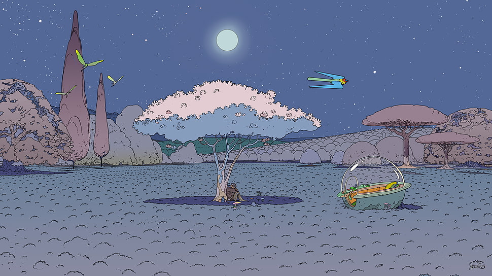white leaf tree under full moon illustration, Mœbius, comics, artwork, trees HD wallpaper