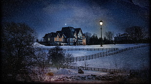 painting of house during winter, house, lights, nature, trees HD wallpaper