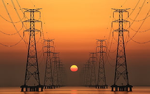 black transmission posts, sunset, Sun, power lines, electricity HD wallpaper