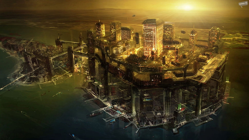 city's buildings digital wallpaper, Deus Ex: Human Revolution, concept art, video games HD wallpaper
