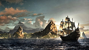 galleon ship near island artwork wallpaper, Assassin's Creed: Black Flag, video games, digital art