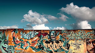 multicolored graffiti, city, sky, Berlin, berlin wall
