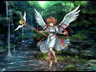 blonde girl in white dress and white wings holding red staff anime character 3D wallpaper