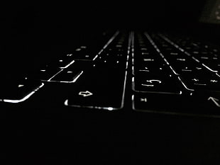 black laptop computer, dark, keyboards, macro, lights