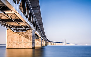 gray bridge, sea, architecture, bridge, calm HD wallpaper