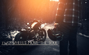 men's black pants with text overlay, vintage, chopper, motorcycle, road HD wallpaper