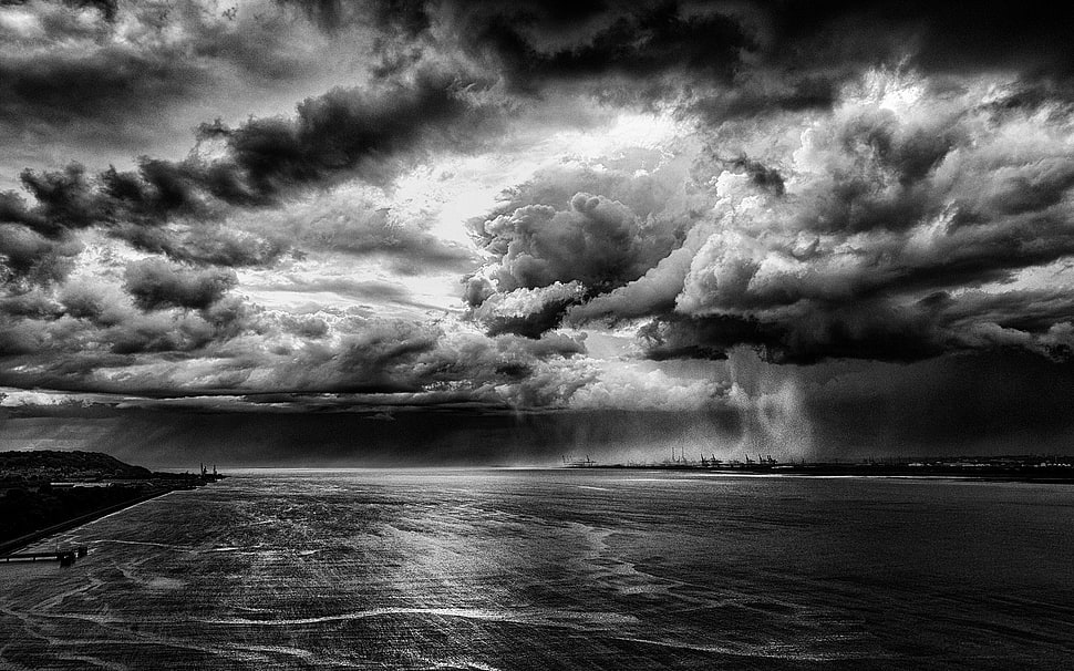sea and clouds, nature, landscape, storm, rain HD wallpaper