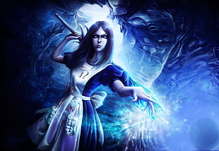 black haired female anime character in blue and white dress holding ice sword with golem monster at back