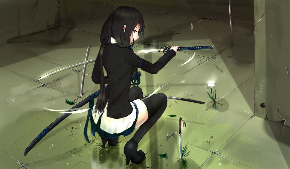 female character holding swords illustration HD wallpaper