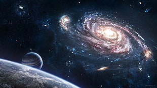 Whirlpool Galaxy illustration, space art, spiral galaxy, planet, stars