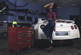 white Nissan GT-R, women, model, garages, car