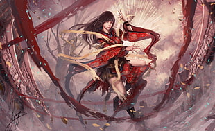 red dressed female anime character wallpaper, fantasy art