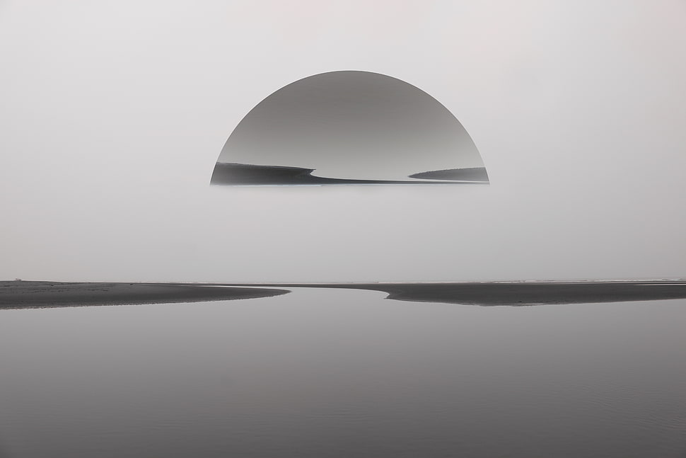 moon artwork, beach, reflection, monochrome HD wallpaper