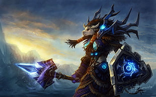 character holding spear and shield illustration, World of Warcraft, video games, Taurens, Yaorenwo