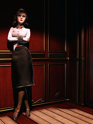 half photo taken of woman wearing white button-up long-sleeve top and black midi skirt leaning on brown wooden wall