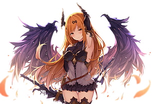 female anime character with wings illustration, elbow gloves, gloves, Granblue Fantasy, horns