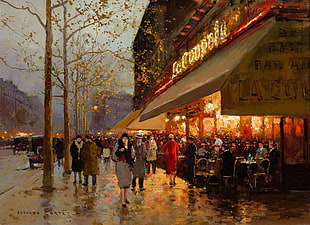 restaurant painting, artwork, cityscape, people, painting