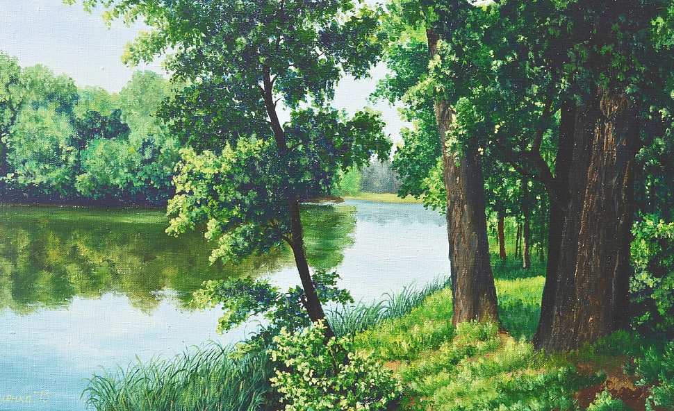 green grass, painting, forest, lake, artwork HD wallpaper
